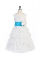 White/Turquoise Lace Layered Dress with Detachable Organza Sash