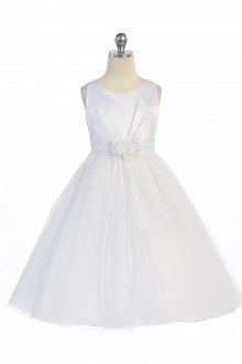 White Sleeveless Satin Bodice with Tulle Overlaid Communion Dress