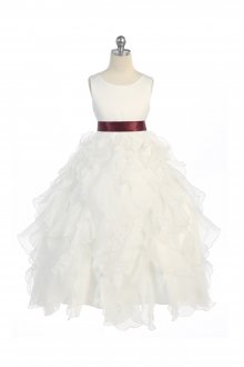 Ivory/Burgundy Sleeveless Beautifully Layered and Ruffled Organza Flower Girls Dress
