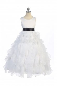 White/Black Sleeveless Beautifully Layered and Ruffled Organza Flower Girls Dress