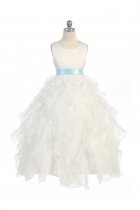 Ivory/Blue Sleeveless Beautifully Layered and Ruffled Organza Flower Girls Dress