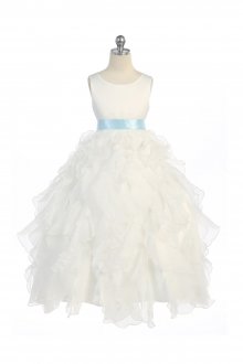Ivory/Blue Sleeveless Beautifully Layered and Ruffled Organza Flower Girls Dress
