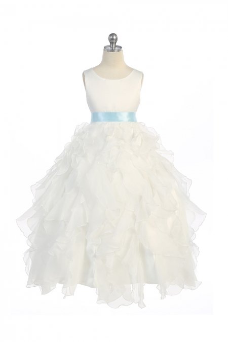 Ivory/Blue Sleeveless Beautifully Layered and Ruffled Organza Flower Girls Dress