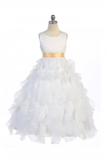 White/Gold Sleeveless Beautifully Layered and Ruffled Organza Flower Girls Dress