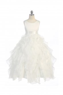 Ivory/Ivory Sleeveless Beautifully Layered and Ruffled Organza Flower Girls Dress