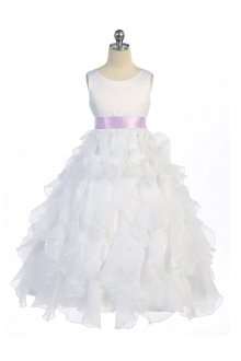 White/Lilac Sleeveless Beautifully Layered and Ruffled Organza Flower Girls Dress