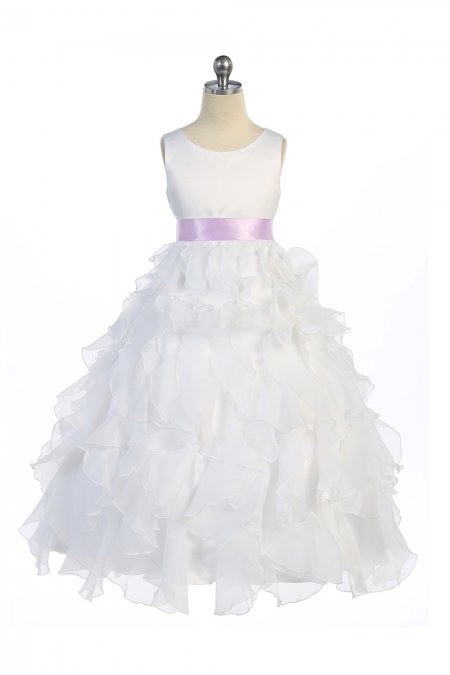 White/Lilac Sleeveless Beautifully Layered and Ruffled Organza Flower Girls Dress