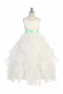 Ivory/Mint Sleeveless Beautifully Layered and Ruffled Organza Flower Girls Dress