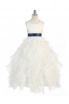 Ivory/Navy Blue Sleeveless Beautifully Layered and Ruffled Organza Flower Girls Dress