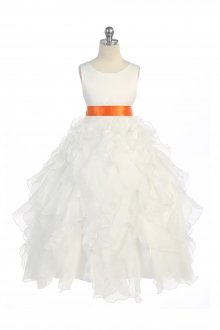 Ivory/Orange Sleeveless Beautifully Layered and Ruffled Organza Flower Girls Dress