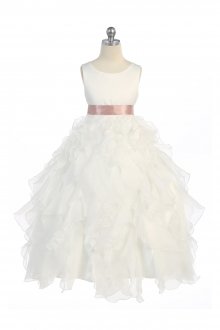 Ivory/Dusty Rose Sleeveless Beautifully Layered and Ruffled Organza Flower Girls Dress
