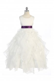 Ivory/Purple Sleeveless Beautifully Layered and Ruffled Organza Flower Girls Dress