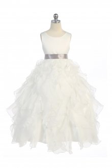 Ivory/Silver Sleeveless Beautifully Layered and Ruffled Organza Flower Girls Dress