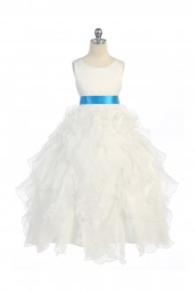 Ivory/Turquoise Sleeveless Beautifully Layered and Ruffled Organza Flower Girls Dress