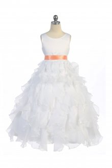 White/Coral Sleeveless Beautifully Layered and Ruffled Organza Flower Girls Dress