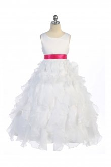White/Fuchsia Sleeveless Beautifully Layered and Ruffled Organza Flower Girls Dress