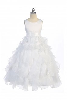 White / White Sleeveless Beautifully Layered and Ruffled Organza Flower Girls Dress