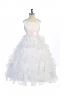 White/Pink Sleeveless Beautifully Layered and Ruffled Organza Flower Girls Dress