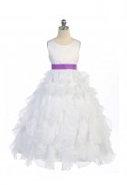 White/Purple Sleeveless Beautifully Layered and Ruffled Organza Flower Girls Dress