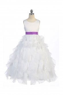 White/Purple Sleeveless Beautifully Layered and Ruffled Organza Flower Girls Dress