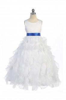 White/Royal Blue Sleeveless Beautifully Layered and Ruffled Organza Flower Girls Dress