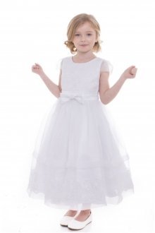 White Short Sleeve Embroidered Organza Flower Girl Dress