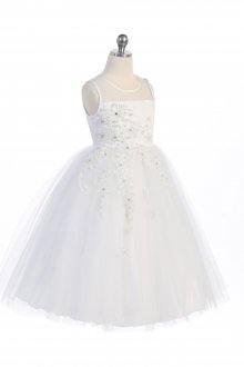 White Sleeveless Satin and Tulle Flower Girls Dress with Embroidery