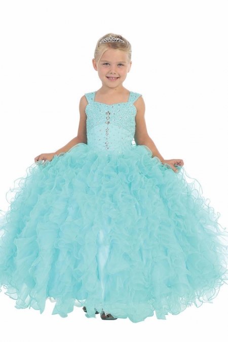 Aqua Sleeveless Ruffle Organza Gown Flower Girl Dress with Beaded Bodice