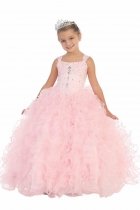 Pink Sleeveless Ruffle Organza Gown Flower Girl Dress with Beaded Bodice