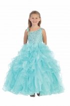 Aqua One Shoulder Option Multi Tiered Organza Flower Girl Dress with Beaded Bodice