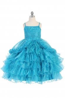 Turquoise Embroidered Empire Waistline Ruffled Special Occasion Ball Gown