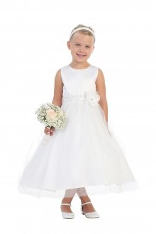 White Satin Bodice Tulle Skirt Flower Girl Dress