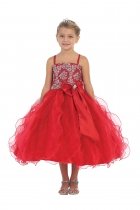 Spaghetti Strap Taffeta and Glitter Tulle Flower Girls Dress - Red