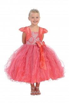 Spaghetti Strap Taffeta and Glitter Tulle Flower Girls Dress - Coral