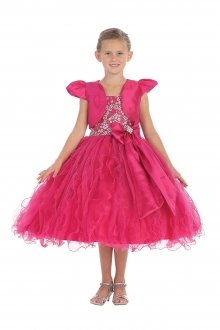 Spaghetti Strap Taffeta and Glitter Tulle Flower Girls Dress - Fuchsia