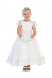 Short Sleeve Organza and Satin Flower Girls Dress - White