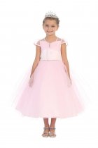Pink Satin and Tulle Cap Sleeve Flower Girl Dress with Rhinestones