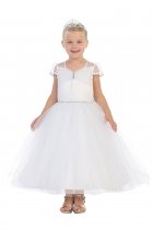 White Satin and Tulle Cap Sleeve Flower Girl Dress with Rhinestones