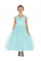 Aqua Satin and Tulle Cap Sleeve Flower Girl Dress with Rhinestones