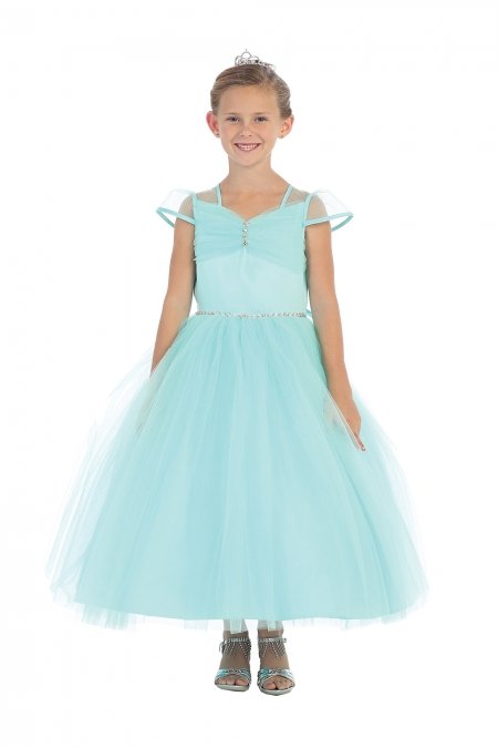 Aqua Satin and Tulle Cap Sleeve Flower Girl Dress with Rhinestones