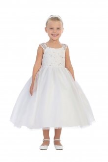 Sleeveless Lace and Mesh Flower Girls Dress
