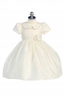 IVORY Poly Silk Short Sleeve Striped Flower Girls Dress