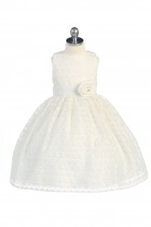 IVORY Floral Printed Sleeveless Flower Girls Dress with Three Dimensional Flower