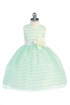 Aqua Sleeveless Organza Striped Dress with Flower