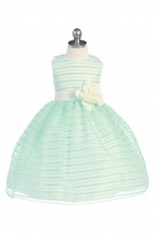 Aqua Sleeveless Organza Striped Dress with Flower