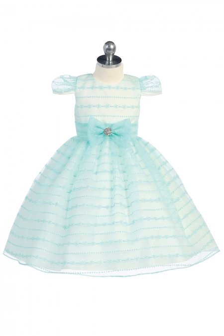 Cap Sleeves Organza Striped Flower Girl Dress with Bow