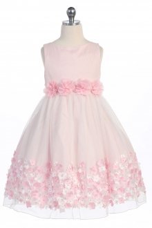 Pink Mesh Flower Girl Dress with Taffeta Flowers