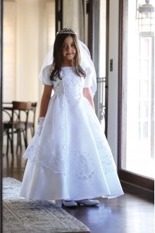 Beautiful Bridal Satin Dress with An Embroidered Organza Overlay Communion Dress