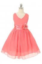 Coral Yoryu Chiffon Double V-Neck Flower Girl Dress