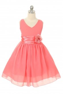 Coral Yoryu Chiffon Double V-Neck Flower Girl Dress